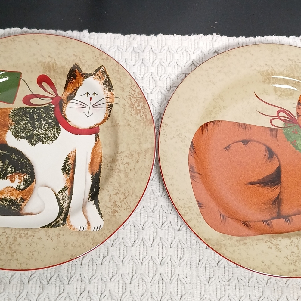 2 Fiddlestix 8" Christmas Cats Plates Sakura Dessert Orange Tabby Black White